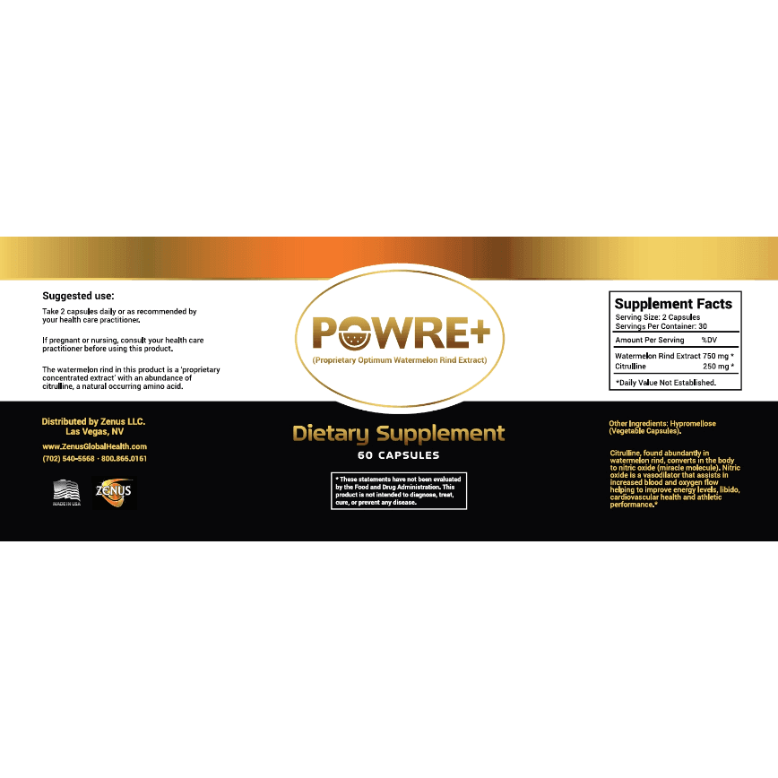 Powre+ Energy Supplement label showcasing dietary supplement facts and suggested use for plant-based wellness.