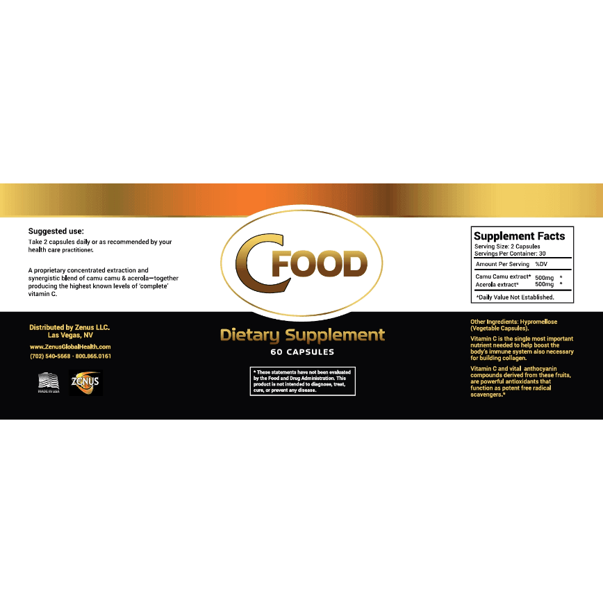Immune Support Supplement C Food dietary supplement label with 60 capsules and vitamin C ingredients.