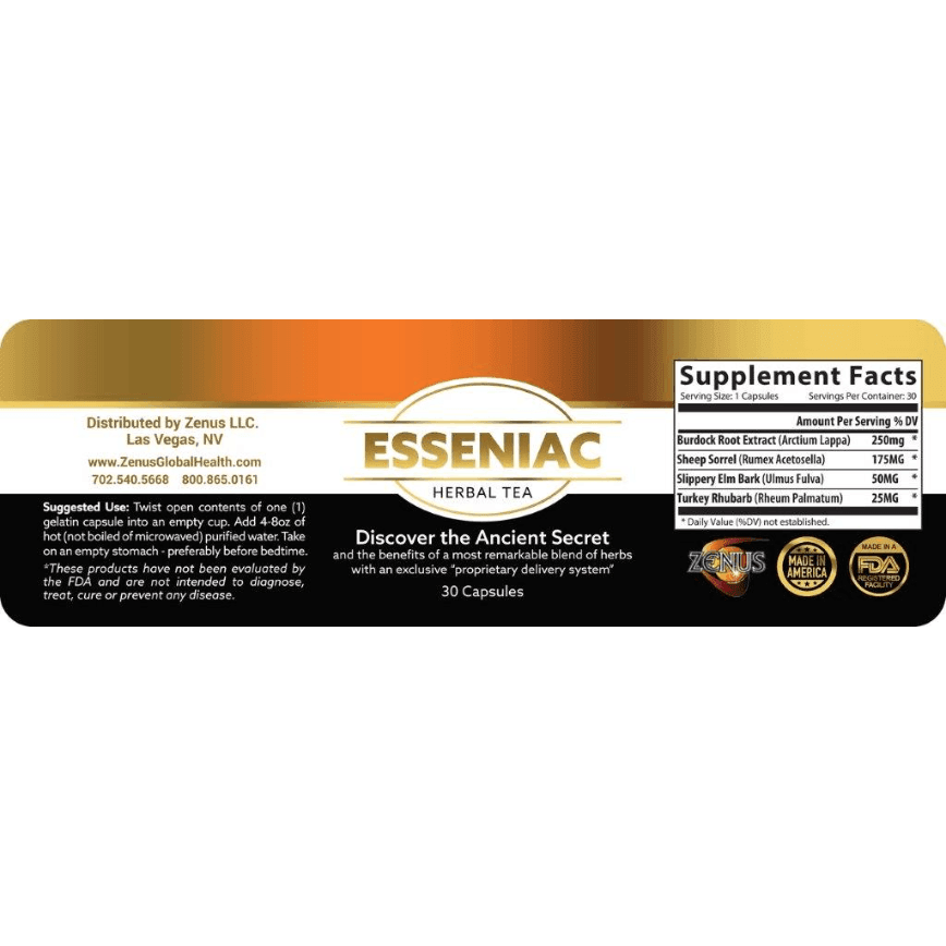 Esseniac Herbal Tea Detoxifier supplement facts label highlighting natural ingredients and wellness benefits.