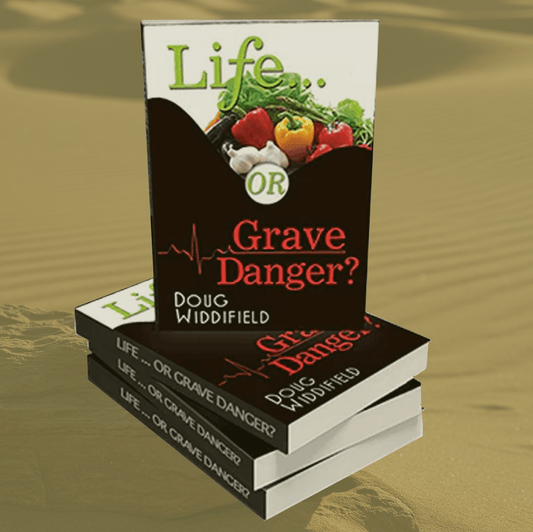 Path to Wellness Guide featuring the book 'Life or Grave Danger?' by Doug Widdifield on a sandy background.