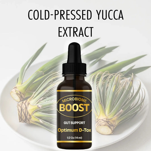 Gut Health Supplement featuring cold-pressed yucca extract in a dropper bottle for digestive wellness support.