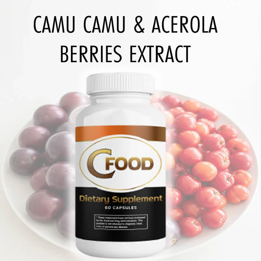 Immune Support Supplement featuring Camu Camu and Acerola Berries Extract in a capsule bottle with berries in background