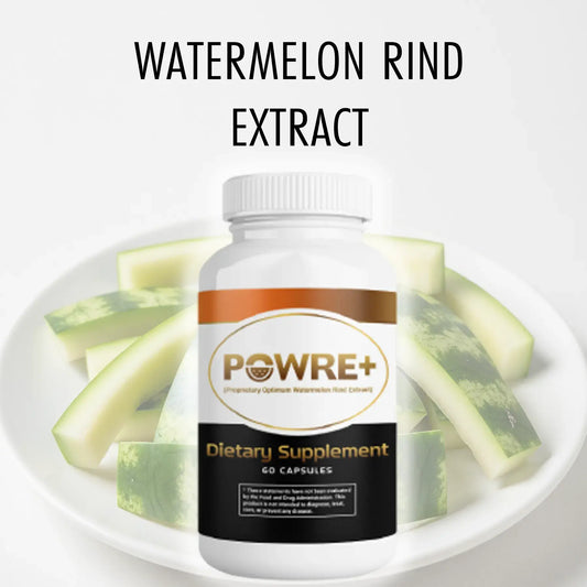 Energy Supplement by Powre+ featuring watermelon rind extract in a white bottle on a plate with watermelon slices.