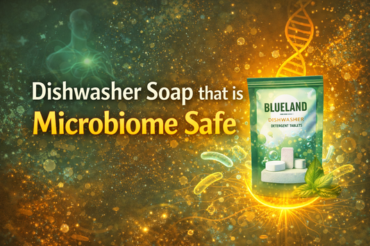 Dishwasher Soap that is Microbiome Safe product image with vibrant background.