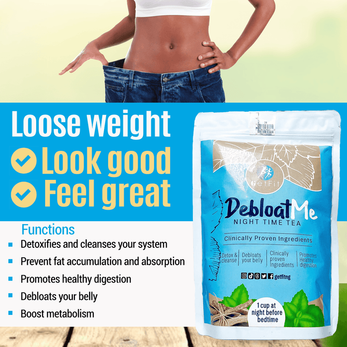 Nighttime Detox & Debloating Tea packaging with benefits for detoxing, digestion, and weight loss.