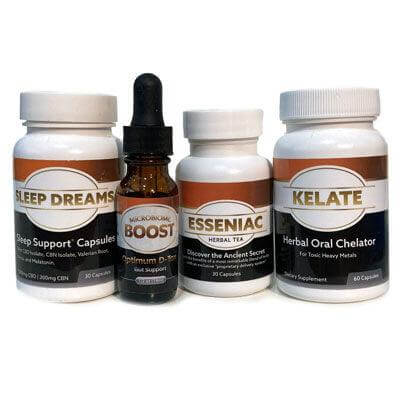 Detox Bundle featuring Sleep Dreams capsules, BOOST tincture, ESSENIAC herbal tea, and KELATE supplement bottles.